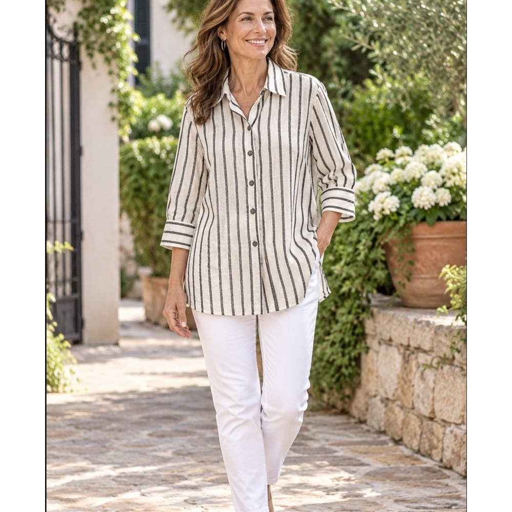 Chicos 2 Large  100% Linen Button Down Shirt Tunic 3/4 Sleeves Side Slits Stripe